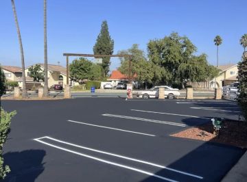 Freshly sealed asphalt parking lot with white parking lines and trees in the background