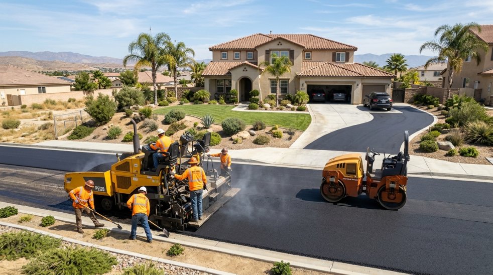 Paving contractor crew resurfacing a residential street with asphalt paver and roller in a suburban neighborhood